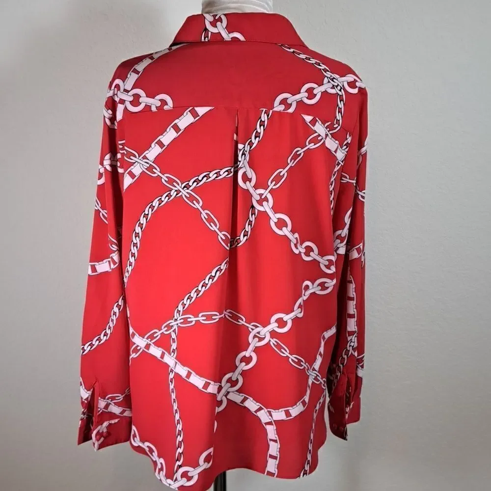 Susan Graver Women’s Size 10 Blouse Red White Chain Print Long Sleeve Top Tie Up